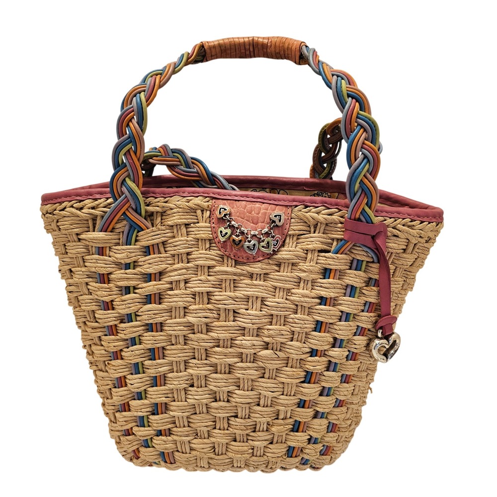 Brighton Vienna Straw Tote Bag Pink Braided Leather Woven Basket Heart Charm